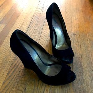 Miu Miu Black Suede Peep-Toes Wedge Heels size 38